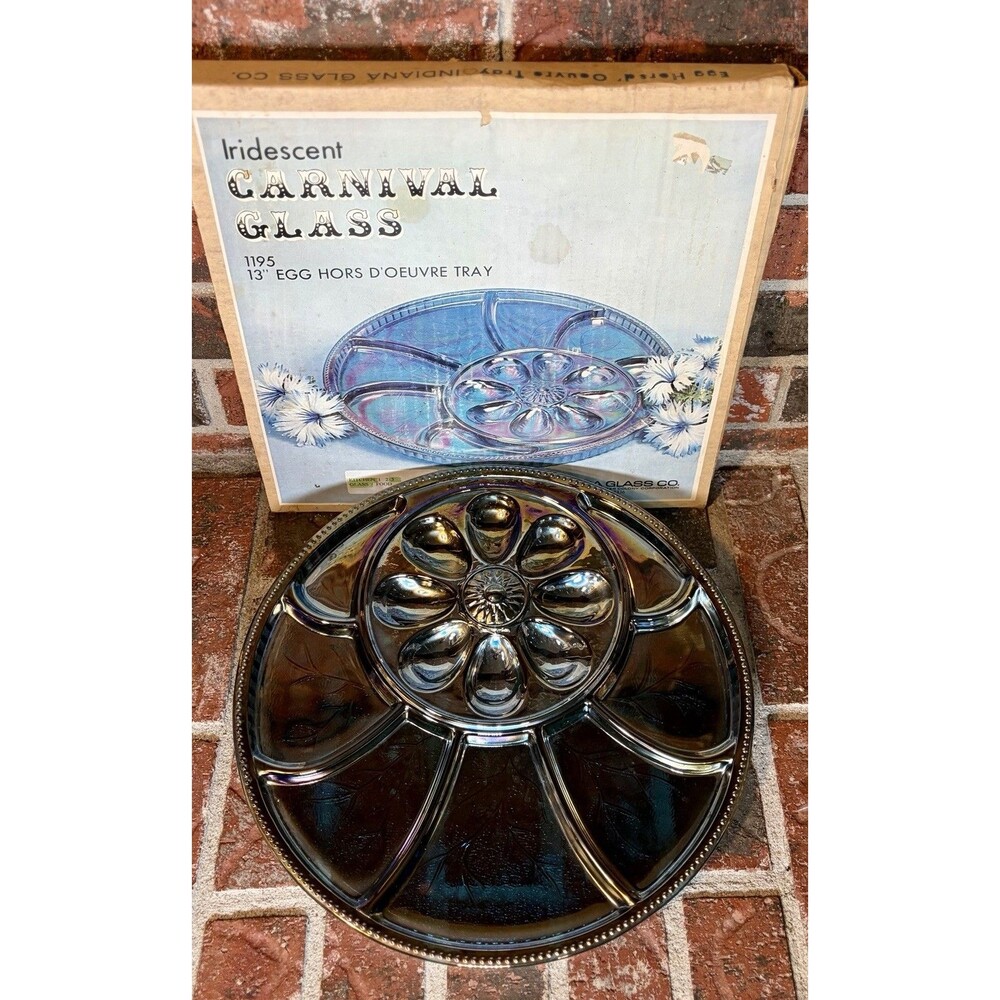 Indiana Glass Carnival Iridescent Egg Hors d’Oeuvre Deviled Egg Tray w/Box F/W